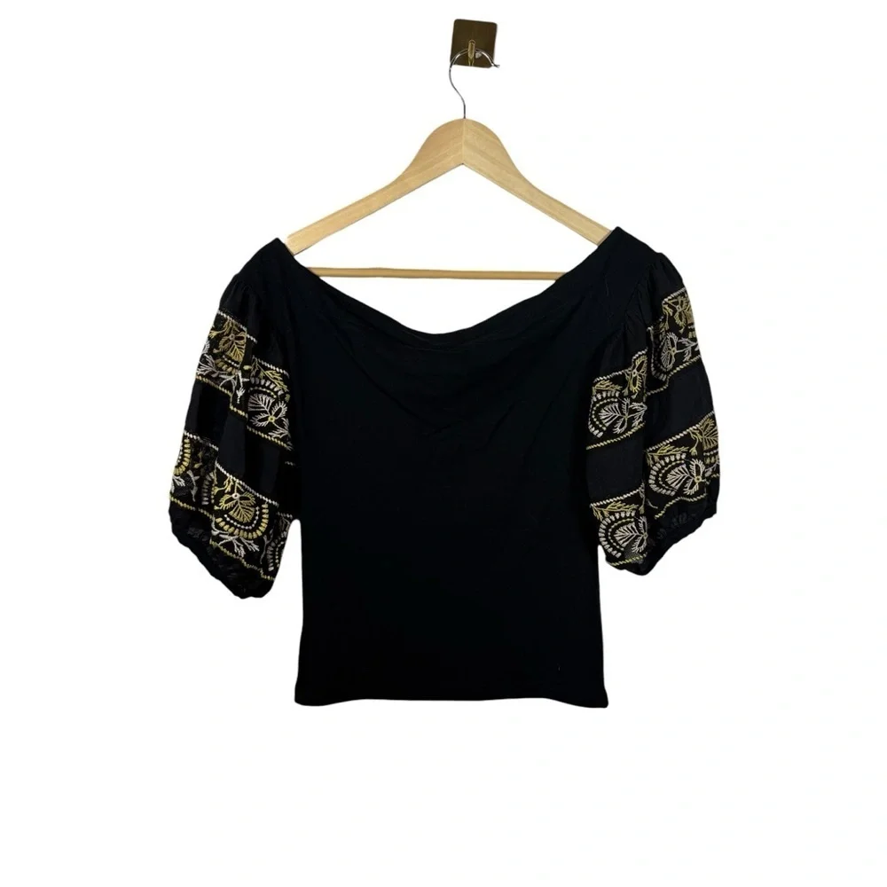 Free People Rock With It Embroidered Crochet Puff Sleeve Top Black/Yellow XS
